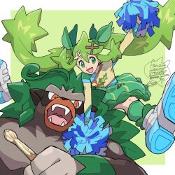 Rule 34 | 1girl, :d, border, commentary request, creatures (company), crossover, eyelashes, floating hair, game freak, gen 8 pokemon, grass miku (project voltage), green background, green eyes, green hair, green ribbon, green skirt, hair ornament, hair ribbon, hatsune miku, holding, holding pom poms, knees, long hair, nintendo, open mouth, outside border, pokemon, pokemon (creature), pom pom (cheerleading), pom poms, project voltage, ribbon, rillaboom, sagemaru-br, shoes, skirt, smile, socks, twintails, vocaloid, white border, x hair ornament