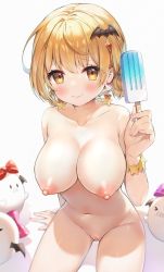 Rule 34 | 1girl, arm support, ayamy, bare shoulders, blonde hair, bracelet, breasts, cleavage, cleft of venus, collarbone, fang, food, groin, hair ornament, hand up, holding, hololive, jewelry, large breasts, looking at viewer, navel, nipples, nude, nude filter, popsicle, puffy areolae, pussy, short hair, simple background, sitting, smile, solo, thighs, third-party edit, virtual youtuber, white background, yellow eyes, yozora mel