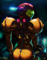 Rule 34 | 1girl, adapted costume, arm cannon, ass, back, closed eyes, female focus, from behind, md5 mismatch, metroid, nintendo, rabi-chan, resized, resolution mismatch, samus aran, solo, varia suit, weapon