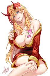 Rule 34 | 1girl, alternate costume, alternate species, artist name, blonde hair, blue eyes, breast tattoo, breasts, clothes pull, demon girl, facial tattoo, female focus, flower hair ornament, flower tattoo, hair ornament, hand on knee, highres, holding, holding clothes, horns, huge breasts, japanese clothes, kimono, legs together, licking lips, long hair, looking at viewer, maha5, multicolored hair, nail polish, naughty face, nia redalion, open mouth, presenting, pulled by self, red hair, red yukata, simple background, sitting, solo, tattoo, teeth, tisole dead, tongue, tongue out, two-tone hair, virtual youtuber, white background, yukata, yukata pull