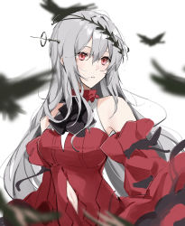 Rule 34 | 1girl, arknights, bare shoulders, bird, closed mouth, clothing cutout, collarbone, crow, detached collar, detached sleeves, dress, hair between eyes, hair ornament, headgear, highres, joshua (shisanli934), lipstick, long hair, long sleeves, looking away, looking to the side, makeup, navel, navel cutout, official alternate costume, open mouth, red dress, red eyes, sidelocks, silver hair, simple background, skadi (arknights), skadi the corrupting heart (arknights), solo, standing, straight hair, strapless, strapless dress, torn clothes, torn dress, upper body, very long hair, white background