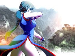Rule 34 | 1girl, black eyes, black hair, chi-chi (dragon ball), china dress, chinese clothes, clothes lift, dragon ball, dress, fighting stance, long hair, looking at viewer, looking back, ochanoko (get9-sac), ponytail, serious, skirt, skirt lift, solo, solo focus, wristband