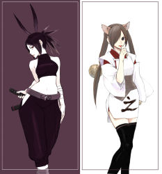 Rule 34 | 2girls, acquire, animal ears, ayame, ayame (tenchuu), bare shoulders, blue eyes, cat ears, contrapposto, from software, hair over one eye, hip vent, japanese clothes, kagura (tenchuu), kimono, midriff, multiple girls, navel, ninja, red eyes, short kimono, sleeveless, standing, tenchu, tenchuu, thighhighs, wide hips