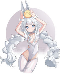 Rule 34 | 1girl, absurdres, animal ears, arms up, azur lane, bird, blue eyes, braid, breasts, chick, crotchless, crotchless pantyhose, fake animal ears, five-core fish (xronf), gluteal fold, groin, hair over breasts, highleg, highleg leotard, highres, le malin (azur lane), le malin (listless lapin) (azur lane), leotard, long hair, looking at viewer, manjuu (azur lane), official alternate costume, open mouth, pantyhose, playboy bunny, rabbit ears, rabbit pose, silver hair, small breasts, thigh gap, thigh strap, thighs, twin braids, twintails, very long hair, white leotard, white pantyhose, wrist cuffs