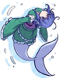 Rule 34 | 1girl, backflip, blue eyes, blue hair, breasts, eichi yuu, green kimono, japanese clothes, kimono, looking at viewer, looking back, medium breasts, mermaid, monster girl, open mouth, sketch, solo, touhou, wakasagihime, water, white background