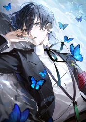 Rule 34 | 1boy, absurdres, aimitkkays, black jacket, black ribbon, blue butterfly, blue eyes, blue hair, bug, butterfly, collared shirt, commentary, digital media player, gekkoukan high school uniform, hair between eyes, hand up, headphones, highres, holding glass shard, insect, jacket, long sleeves, looking at viewer, lying, male focus, neck ribbon, on back, open clothes, open jacket, parted lips, persona, persona 3, persona 3 reload, ribbon, s.e.e.s, school uniform, shirt, short hair, solo, upper body, water, white shirt, yuuki makoto (persona 3)