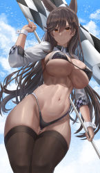 Rule 34 | 1girl, abs, animal ears, atago (azur lane), atago (stunning speedster) (azur lane), azur lane, bikini, black thighhighs, blush, breasts, brown hair, checkered flag, collar, covered erect nipples, curvy, flag, highleg, highleg bikini, highres, huge breasts, large breasts, long hair, long sleeves, looking at viewer, mole, mole under eye, navel, open clothes, outdoors, race queen, revealing clothes, silvertsuki, skindentation, sleeve cuffs, smile, solo, swimsuit, thick thighs, thigh gap, thighhighs, thighs, underboob, yellow eyes