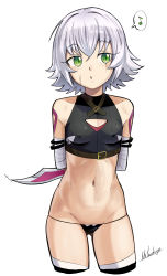 Rule 34 | 1girl, absurdres, arms behind back, bare shoulders, black panties, black thighhighs, breasts, cleavage cutout, clothing cutout, covered erect nipples, fate/apocrypha, fate/grand order, fate (series), green eyes, grey hair, highres, jack the ripper (fate/apocrypha), looking at viewer, mr.thunderigor, navel, panties, scar, scar across eye, scar on face, signature, simple background, small breasts, solo, standing, thighhighs, underwear, white background