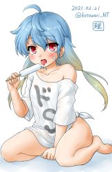 Rule 34 | 1girl, alternate costume, artist logo, bandaid, bandaid on face, blonde hair, blue hair, clothes writing, commentary request, dated, food, gradient hair, highres, kantai collection, kotowari (newtype kenkyuujo), licking, long hair, looking at viewer, low twintails, multicolored hair, popsicle, red eyes, sado (kancolle), shirt, simple background, sitting, solo, t-shirt, twintails, twitter username, wariza, white background, white shirt