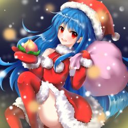 Rule 34 | 1girl, alternate costume, bare shoulders, blue hair, blurry, bokeh, boots, christmas, coconut (yezijiang18), depth of field, detached sleeves, dress, food, fruit, gloves, hat, hinanawi tenshi, long hair, looking at viewer, mittens, open mouth, peach, reaching, red dress, red eyes, red gloves, red mittens, red thighhighs, santa boots, santa costume, santa gloves, santa hat, snowing, solo, thighhighs, touhou, zettai ryouiki