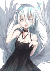 Rule 34 | 1girl, bare shoulders, black dress, blue eyes, blush, choker, dress, finger to mouth, hair between eyes, hanetsuki touka, highres, jewelry, long hair, looking at viewer, low wings, necklace, open mouth, original, saliva, silver hair, solo, tongue, tongue out, very long hair, wings