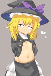 Rule 34 | 1boy, :&gt;, black coat, black eyes, black gloves, black hat, black skirt, blonde hair, bow, braid, buttons, clothes lift, coat, coat lift, commentary request, cookie (touhou), cowboy shot, crossdressing, genderswap, genderswap (ftm), gloves, grey background, hair bow, hat, highres, kirisame marisa, lets0020, long hair, looking at viewer, male focus, medium bangs, nipples, open mouth, petticoat, purple bow, rei (cookie), shirt lift, simple background, single braid, skirt, smile, smug, solo, touhou, trap, v-shaped eyebrows, witch hat