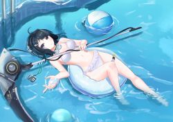 Rule 34 | 1girl, ahoge, arknights, ball, bare arms, bare legs, bare shoulders, barefoot, beachball, bikini, black eyes, black hair, blush, breasts, commentary request, goggles, goggles around neck, highres, holding, holding scythe, holding weapon, la pluma (arknights), la pluma (summer flowers) (arknights), lanyard, medium breasts, navel, official alternate costume, parted lips, scythe, short hair, soaking feet, solo, soulblitz, stomach, swimsuit, thighs, water, weapon, white bikini