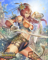 Rule 34 | 1girl, chain, chester ocampo, detached sleeves, dual wielding, feathers, flower, green eyes, hairband, holding, jewelry, long hair, lots of jewelry, midriff, red hair, shinma x keishou! ragnabreak, shorts, solo, sword, tassel, thighhighs, weapon