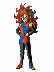 Rule 34 | 1girl, android 21, asymmetrical footwear, bad anatomy, bad proportions, black gloves, black pantyhose, blue eyes, boots, checkered clothes, checkered dress, cyborg, dragon ball, dragon ball fighterz, dress, earrings, elbow gloves, fingerless gloves, full body, glasses, gloves, hands on own hips, highres, hoop earrings, jewelry, lee (dragon garou), marker (medium), mismatched footwear, pantyhose, poorly drawn, red hair, simple background, sleeveless, sleeveless dress, solo, toriyama akira (style), traditional media, uneven footwear, white background