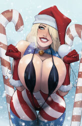 Rule 34 | 1girl, alternate breast size, bare shoulders, bikini, black slingshot swimsuit, blonde hair, blue eyes, blue thighhighs, bodysuit, breasts, candy, candy cane, christmas, cleavage cutout, clenched hands, clothing cutout, covered navel, devilhs, food, gloves, grin, hair over one eye, hat, highres, huge breasts, long hair, looking at viewer, mature female, micro bikini, mount olympus comics, patriotika, print thighhighs, red bodysuit, red gloves, red hat, santa hat, sleeveless, sleeveless bodysuit, slingshot swimsuit, smile, snow, solo, star (symbol), star print, striped bodysuit, swimsuit, thighhighs, two-tone bodysuit, white bodysuit
