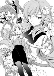 Rule 34 | 2girls, ascot, cup, dandelion, earrings, expressionless, flower, greyscale, highres, horns, jewelry, lily (flower), lineart, long sleeves, looking at viewer, medium hair, monochrome, multiple girls, nacht (nacht 01), original, pantyhose, pencil skirt, pointy ears, puffy sleeves, short hair, skirt, smile, teacup, wavy hair