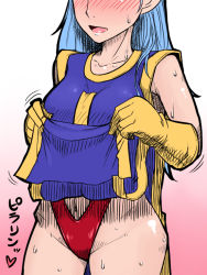 Rule 34 | 1girl, blue hair, blush, breasts, commentary request, dragon quest, dragon quest iii, gloves, large breasts, long hair, misonou hirokichi, priest (dq3), solo, swimsuit, tabard