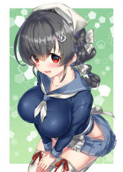 Rule 34 | 1girl, black hair, blue sailor collar, blue serafuku, blue skirt, blush, breasts, commentary request, hair ornament, hair ribbon, highres, hip vent, hisasi, jingei (kancolle), kantai collection, large breasts, long hair, long sleeves, looking at viewer, neckerchief, open mouth, outside border, pleated skirt, red eyes, red ribbon, ribbon, sailor collar, school uniform, seiza, serafuku, short hair, simple background, sitting, skindentation, skirt, smile, solo, thighhighs, white neckerchief, white thighhighs