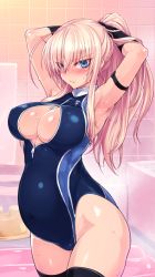 Rule 34 | 1girl, adjusting hair, armpits, arms up, bathroom, bathtub, black gloves, black thighhighs, blonde hair, blue eyes, blush, breasts, cleavage, cleavage cutout, clothing cutout, covered navel, female focus, front zipper swimsuit, gloves, hanna-justina marseille, large breasts, long hair, looking at viewer, meme attire, null (nyanpyoun), one-piece swimsuit, ponytail, pregnant, solo, strike witches, swimsuit, thighhighs, tying hair, wet, witches of africa, world witches series, zipper