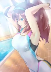 Rule 34 | 1girl, ahoge, animal ears, arms up, blue eyes, blue hair, blue hairband, breasts, competition swimsuit, covered navel, ear ornament, hair between eyes, hairband, highres, horse ears, horse girl, kpaoi, ladder, large breasts, long hair, mihono bourbon (umamusume), no tail, one-piece swimsuit, parted lips, ponytail, pool, solo, swimsuit, tying hair, umamusume, water, white one-piece swimsuit