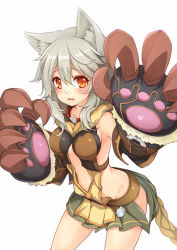 Rule 34 | 10s, 1girl, 3.14, animal ears, blush, breasts, claws, erune, fang, granblue fantasy, grey hair, hair between eyes, legs apart, long hair, looking at viewer, medium breasts, open mouth, orange eyes, revealing clothes, sen (granblue fantasy), simple background, solo, thighs, wavy hair, white background