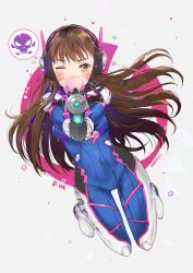 Rule 34 | 1girl, aiming, aiming at viewer, artist name, bad id, bad twitter id, blush, bodysuit, breasts, brown eyes, brown hair, blowing bubbles, character name, covered navel, d.va (overwatch), dangmill, facepaint, facial mark, full body, gloves, gun, headphones, heart, highres, long hair, looking at viewer, one eye closed, overwatch, overwatch 1, pilot suit, simple background, skull and crossbones, solo, speech bubble, star (symbol), text focus, watermark, weapon, whisker markings, white background