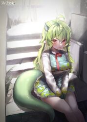 Rule 34 | 1girl, :3, absurdres, ahoge, bare legs, between legs, blush, breasts, closed mouth, commission, dragon girl, dragon horns, dragon tail, dress, frilled dress, frills, garam (ryeoubi), green dress, green horns, green tail, hair between eyes, hand between legs, highres, horns, korean commentary, large breasts, light smile, long hair, long sleeves, looking at viewer, multicolored clothes, multicolored dress, original, pointy ears, red eyes, red ribbon, ribbon, second-party source, sitting, small horns, solo, stairs, stone stairs, sukiyaki kinoko, tail, white dress