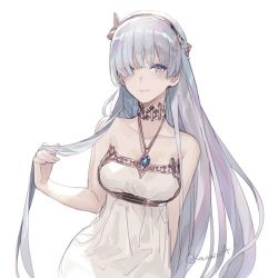 Rule 34 | 1girl, amulet, anastasia (fate), arm behind back, breasts, casual, closed mouth, commentary request, dress, fate/grand order, fate (series), hair over one eye, hairband, jewelry, light smile, long hair, medium breasts, necklace, pota (bluegutty), grey eyes, silver hair, simple background, solo, strapless, strapless dress, very long hair, white dress