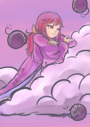 Rule 34 | 1girl, bomb, bow, cherry blossoms, cloud, crossed arms, dilaih, explosive, eyelashes, from side, fuse, hair bow, japanese clothes, kimono, kotohime (touhou), leaning, lit fuse, long hair, ponytail, purple sky, red eyes, sitting, sky, solo, sunset, touhou, touhou (pc-98), yellow bow