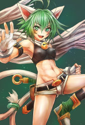 Rule 34 | 1girl, abs, animal ears, antenna hair, bare shoulders, belt, beryl (shinrabanshou), boots, breasts, cape, covered erect nipples, fang, fingerless gloves, gloves, green background, green eyes, green hair, highres, looking at viewer, matching hair/eyes, medium breasts, midriff, navel, open fly, open mouth, shinrabanshou, short shorts, shorts, simple background, solo, sword, tail, taishi (artist), taishi (picchiridou), unzipped, weapon