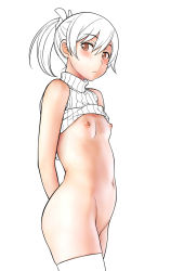 Rule 34 | 1girl, arms behind back, blush, bottomless, breasts, brown eyes, clothes lift, looking at viewer, navel, nipples, partially colored, ponytail, shirt lift, short hair, short ponytail, shoumaru (gadget box), simple background, small breasts, solo, thighhighs, white background