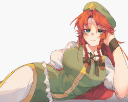 Rule 34 | 1girl, beret, bow, braid, green hat, half-closed eyes, hat, hat ornament, highres, hong meiling, liangyilin, long hair, lying, on side, puffy sleeves, red hair, short sleeves, solo, star (symbol), star hat ornament, touhou, twin braids