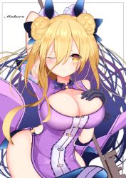 Rule 34 | 1girl, ;), absurdres, arm behind head, arm up, bare shoulders, black gloves, blonde hair, blush, breasts, character name, cleavage cutout, clothing cutout, cowboy shot, date a live, double bun, dress, gloves, hair between eyes, hair bun, hand on own chest, highres, holding, holding key, hoshimiya mukuro, jam (jamjam777), key, large breasts, leaning forward, long hair, looking at viewer, no panties, one eye closed, purple dress, sleeveless, sleeveless dress, smile, solo, starry hair, starry sky print, very long hair, yellow eyes