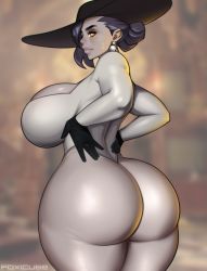 Rule 34 | 1girl, alcina dimitrescu, ass, black gloves, black hair, breasts, capcom, clothes, ear piercing, foxicube, gloves, hat, huge ass, huge breasts, looking back, mature female, piercing, ponytail, resident evil, shiny skin, smile, solo, vampire, yellow eyes