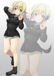 Rule 34 | absurdres, black jacket, blonde hair, blue eyes, breasts, colored tips, dog tail, double v, erica hartmann, feet out of frame, full body, grey shirt, grin, highres, jacket, looking at viewer, medium breasts, military, military uniform, multicolored hair, panties, shirt, short hair, smile, strike witches, tail, underwear, uniform, v, white panties, world witches series, yashin (yasinz), zoom layer