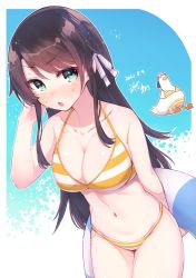 Rule 34 | 1girl, alternate costume, alternate hair length, alternate hairstyle, animal, backwards hat, bikini, blue background, blush, breasts, brown hair, cleavage, clothed animal, collarbone, commentary, cowboy shot, dated, green eyes, hair ribbon, halterneck, hand in own hair, hat, highres, hikawa shou, holding, holding swim ring, hololive, innertube, leaning forward, long hair, looking at viewer, medium breasts, navel, oozora subaru, oozora subaru (hololive summer 2019), open mouth, orange bikini, parted bangs, ribbon, signature, solo, standing, stomach, striped bikini, striped clothes, subaru duck, sweatdrop, swim ring, swimsuit, virtual youtuber, white ribbon