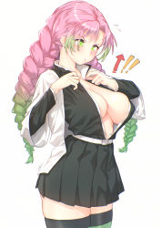Rule 34 | !, !!, 1girl, arrow (symbol), belt, belt buckle, black jacket, black thighhighs, blush, braid, breasts, buckle, cleavage, closed mouth, cowboy shot, flying sweatdrops, gradient hair, green eyes, green hair, highres, jacket, kanroji mitsuri, kimetsu no yaiba, large breasts, long hair, long sleeves, looking down, military, military jacket, military uniform, mole, mole under eye, multicolored hair, no bra, open clothes, open jacket, open shirt, parted bangs, pink hair, pleated skirt, pouty lips, shirt, signature, simple background, skindentation, skirt, solo, thighhighs, thore (nathalukpol), twin braids, uniform, v-shaped eyebrows, very long hair, white background, white jacket, white shirt, zettai ryouiki