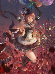 Rule 34 | 10s, 1girl, amusement park, arms up, balloon, cafe maid (love live!), carousel, castle, dress, elbow gloves, ferris wheel, flying, gloves, hair ornament, hat, heart, heart-shaped pupils, highres, love live!, love live! school idol festival, love live! school idol project, necktie, nishikino maki, petals, pleated skirt, purple eyes, qianqian, red hair, roller coaster, rose petals, skirt, solo, symbol-shaped pupils