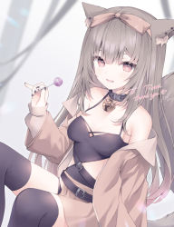 Rule 34 | 1girl, animal ears, bare shoulders, bell, belt, blush, breasts, candy, food, hair ornament, hair ribbon, highres, holding, holding candy, holding food, jacket, jingle bell, kanora, light brown hair, lollipop, long hair, looking at viewer, medium breasts, off shoulder, open clothes, open jacket, open mouth, original, panties, pantyshot, red eyes, ribbon, smile, solo, tail, thighhighs, underwear, virtual youtuber