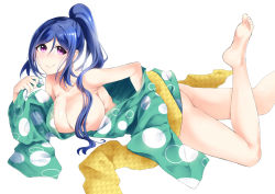Rule 34 | 10s, 1girl, armpits, bare shoulders, barefoot, blue hair, blush, breasts, closed mouth, convenient censoring, hair censor, hair over breasts, hair over one breast, japanese clothes, kimono, large breasts, leg up, long hair, looking at viewer, love live!, love live! sunshine!!, lying, matsuura kanan, no bra, off shoulder, on stomach, one breast out, open clothes, open yukata, osyakana, ponytail, purple eyes, simple background, smile, solo, white background, yukata