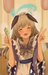 Rule 34 | 1girl, 4jiri, apron, blue archive, blurry, blurry background, blush, brown eyes, closed eyes, commentary request, dango, festival, food, food in mouth, grey hair, hair ornament, halo, highres, holding, holding food, lantern, looking at viewer, maid, open mouth, pov, pov hands, solo focus, umika (blue archive), v, wa maid, wagashi