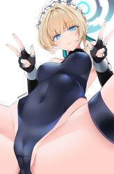 Rule 34 | 1girl, absurdres, bare shoulders, black gloves, black leotard, blonde hair, blue archive, blue eyes, breasts, cameltoe, cleft of venus, closed mouth, covered erect nipples, covered navel, double v, fingerless gloves, from below, gloves, halo, highres, leotard, looking at viewer, looking down, maid headdress, medium breasts, ragnaveldt, second-party source, short hair, simple background, sitting, spread legs, thighs, toki (blue archive), v, white background