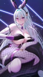 Rule 34 | 1girl, absurdres, animal ears, azur lane, black gloves, blush, breasts, breasts out, covering breasts, covering privates, detached collar, detached sleeves, fake animal ears, fishnet pantyhose, fishnets, gloves, highres, kearsarge (azur lane), large breasts, leotard, long hair, looking at viewer, pantyhose, playboy bunny, ponytail, purple hair, rabbit ears, solar (happymonk), solo, white hair, white leotard