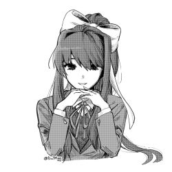 Rule 34 | 1girl, bow, bu3hgg, collared shirt, cropped torso, doki doki literature club, greyscale, hair bow, hands up, high ponytail, highres, interlocked fingers, jacket, long hair, long sleeves, looking at viewer, monika (doki doki literature club), monochrome, neck ribbon, open mouth, own hands clasped, own hands together, ponytail, ribbon, school uniform, shirt, simple background, smile, solo, straight-on, vest, white background