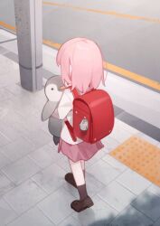 Rule 34 | 1girl, backpack, bag, black socks, brown footwear, character request, charm (object), child, commentary, copyright request, day, doribae, highres, holding, holding stuffed toy, jacket, loafers, long sleeves, medium hair, miniskirt, outdoors, pink hair, pink skirt, randoseru, red bag, shoes, skirt, socks, solo, stuffed toy, symbol-only commentary, tactile paving, walking, white jacket
