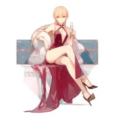 Rule 34 | 1girl, alcohol, ask (askzy), bare shoulders, blonde hair, breasts, champagne, cleavage, coat, crossed legs, dress, full body, fur coat, girls&#039; frontline, glass, hair between eyes, high heels, holding, jewelry, long hair, medium breasts, nail polish, official alternate costume, official art, orange eyes, ots-14 (girls&#039; frontline), ots-14 (ruler of the banquet) (girls&#039; frontline), red dress, simple background, sitting, smile, solo, transparent background, very long hair