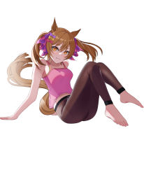 Rule 34 | 1girl, absurdres, animal ears, bare shoulders, barefoot, blush, bow, breasts, brown hair, camisole, closed mouth, full body, hair bow, highres, horse ears, horse girl, horse tail, leggings, long hair, looking at viewer, newon, orange eyes, pink shirt, shirt, simple background, sitting, small breasts, smart falcon (just in time!? uma&lt;3dol) (umamusume), smart falcon (umamusume), smile, solo, tail, twintails, umamusume, white background