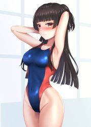 Rule 34 | 1girl, absurdres, arms behind head, black hair, blue one-piece swimsuit, blunt bangs, breasts, collarbone, commentary request, competition swimsuit, covered navel, groin, hibika, highleg, highleg swimsuit, highres, idolmaster, idolmaster shiny colors, long hair, mayuzumi fuyuko, medium breasts, one-piece swimsuit, red eyes, solo, swimsuit, two-tone swimsuit, two side up, white background