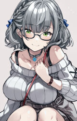 Rule 34 | 1girl, bespectacled, black-framed eyewear, black choker, black skirt, blue ribbon, blush, braid, breasts, choker, commentary request, french braid, glasses, green eyes, grey background, grey hair, grey sweater, hair ribbon, hand up, hololive, large breasts, long sleeves, official alternate costume, ribbed sweater, ribbon, shirogane noel, shirogane noel (casual), short hair, simple background, sitting, skirt, solo, sweater, sweater tucked in, upper body, urabanasimati, virtual youtuber, watch, wristwatch